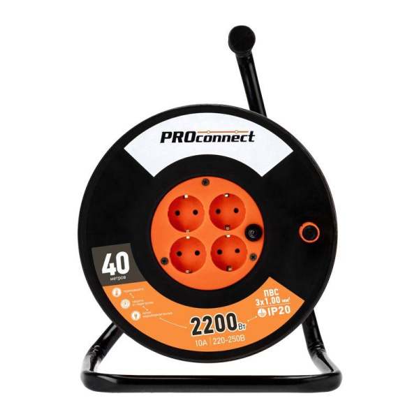 Удлинитель на катушке 4х40м с заземл. 10А IP20 Standart ПВС 3х1 PROCONNECT 11-7606
