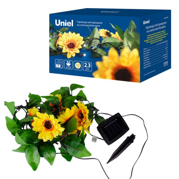 Гирлянда светодиодная садовая "Подсолнухи" USL-S-138/PT2300 SUNFLOWERS 24LED тепл. бел. IP44 на солнечн. батарее аккум. Ni-Mh 1хAA (в компл.) Uniel UL-00009377
