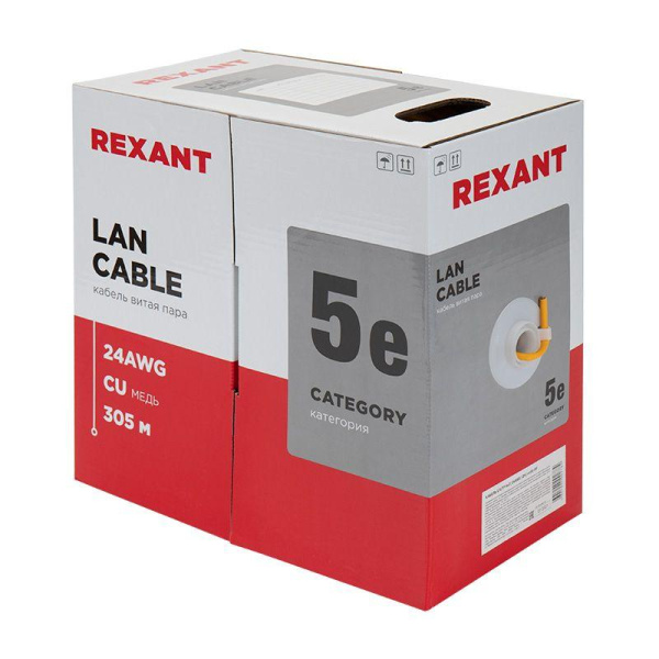 Кабель витая пара U/UTP кат.5E 4х2х24AWG LSZH нг(А)-HF INDOOR SOLID медь оранж. 305м (м) Rexant 01-0049
