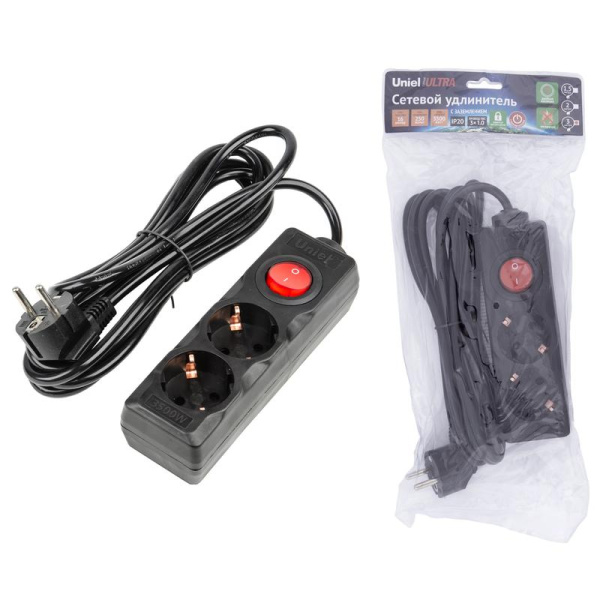 Удлинитель 2х3м с заземл. 16А Ultra S-GCU2-3B BLACK черн. Uniel UL-00010011