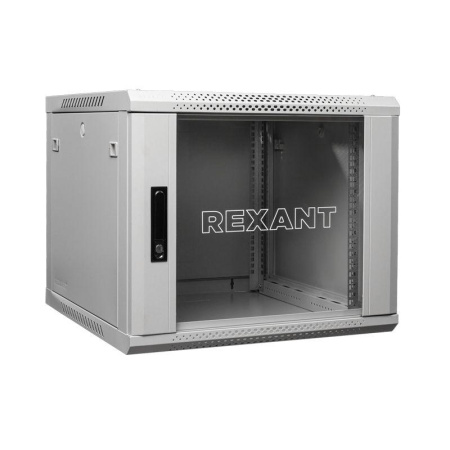 Шкаф телекоммуникационный настенный 19дюйм 12U 600х600х635 дверь стекло стенка задняя боковые съемные стенки разборный сер. RAL7035 Rexant 04-1266-111