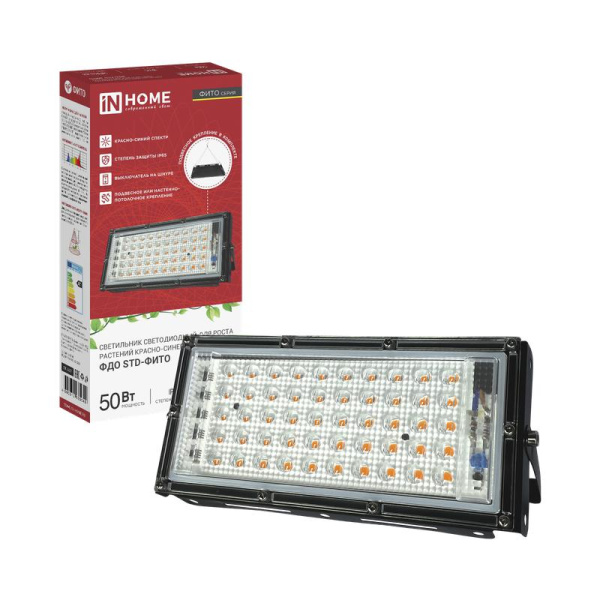 Прожектор светодиодный ФДО STD-ФИТО 50Вт IP65 красн./син. спектр черн. IN HOME 4690612065045