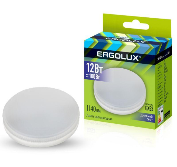 Лампа светодиодная LED-GX53-12W-GX53-6K 12Вт таблетка 6500К холод. бел. GX53 220-240В Ergolux 14238