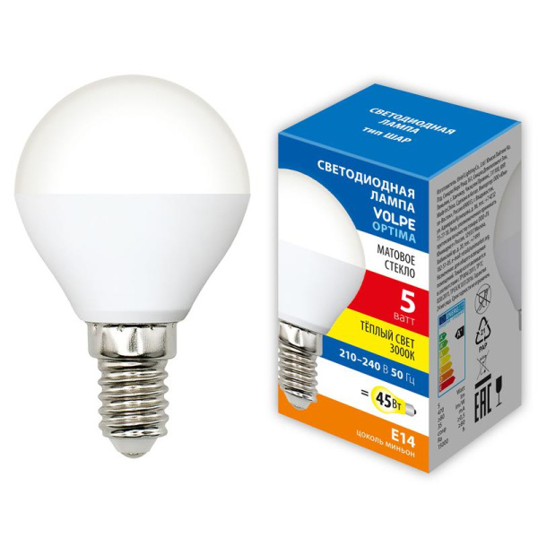 Лампа светодиодная LED-G45-5W/3000K/E14/FR/SLS 5Вт шар матовая 3000К тепл. бел. E14 Volpe UL-00008812