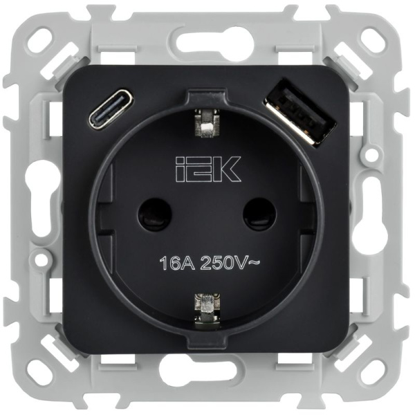Розетка 1-м СП FLITE РСЮшс11-1-ФлЧ 16А с USB A+C 20Вт с заземл. с защ. шторками безвинтовое крепление механизм черн. IEK FI-R14-16-1-U22-020-K02
