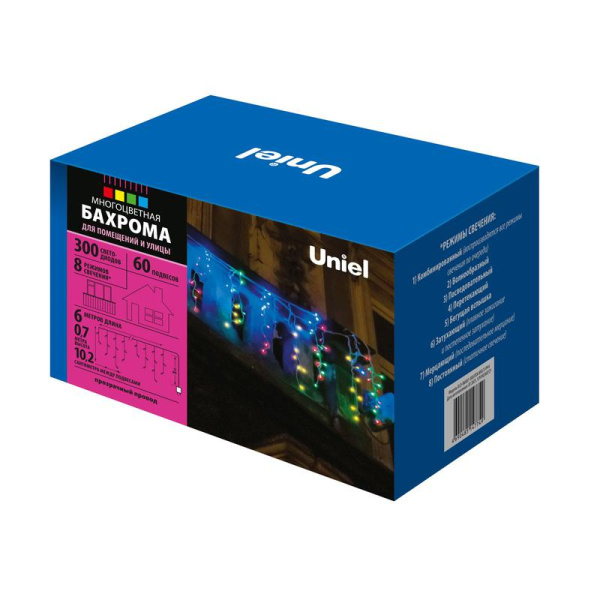 Гирлянда светодиодная "Бахрома" ULD-B6007-300/DTA MULTI IP44 6м 300LED мультиколор провод прозр. Uniel UL-00008556