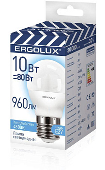 Лампа светодиодная LED-G45-10W-E27-4K 10Вт шар 4500К бел. E27 220-240В ПРОМО Ergolux 14546