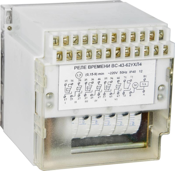 Реле времени ВС-43-6-1 УХЛ4 110В 50Гц 1-60с 6-цепн. с независим. регулировкой выдержки времени для каждой цепи задержка на вкл. ток контактов исполнит. реле 4А 6перекл. с выдержкой времени + 1перекл. мгновенного действия A8011-76914503