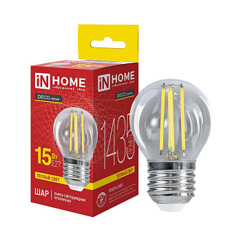 Лампа светодиодная филаментная LED-ШАР-deco шар прозрачная 15Вт 230В E27 3000К 1435лм IN HOME 4690612055978