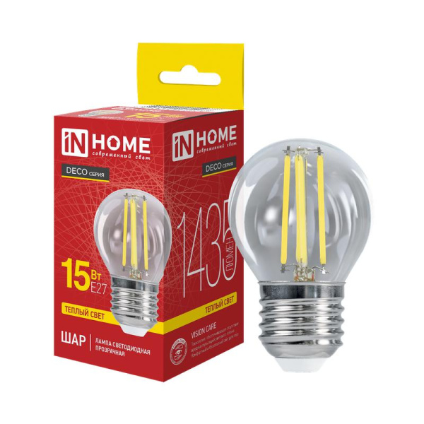 Лампа светодиодная филаментная LED-ШАР-deco шар прозрачная 15Вт 230В E27 3000К 1435лм IN HOME 4690612055978