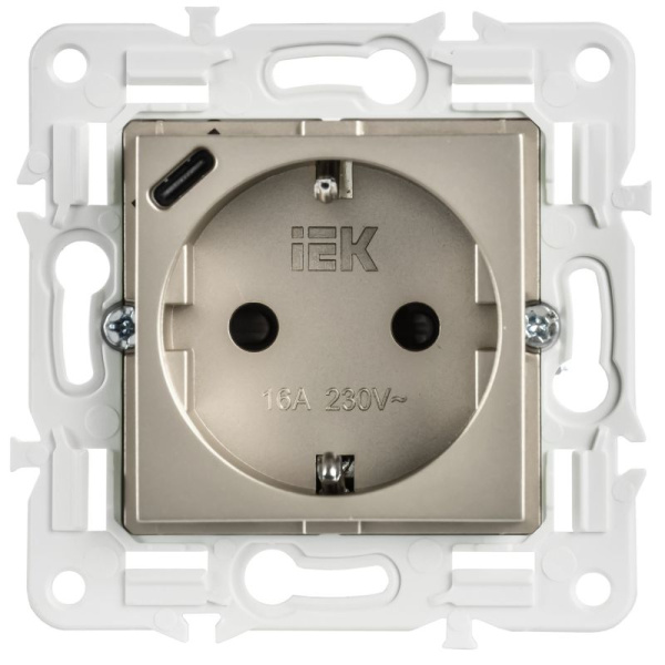 Розетка SKANDY 18Вт 16А с заземл. защ. шторки с USB C SK-R17Sh шампань IEK SK-R14-16-U14-018-K37