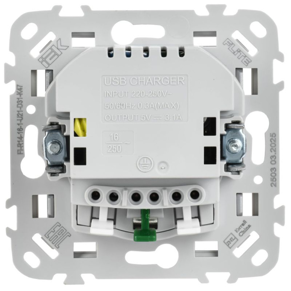 Розетка 1-м СП FLITE РСЮша11-1-ФлА 16А с USB A+A 3.1А с заземл. с защ. шторками безвинтовое крепление механизм алюм. IEK FI-R14-16-1-U21-D31-K47