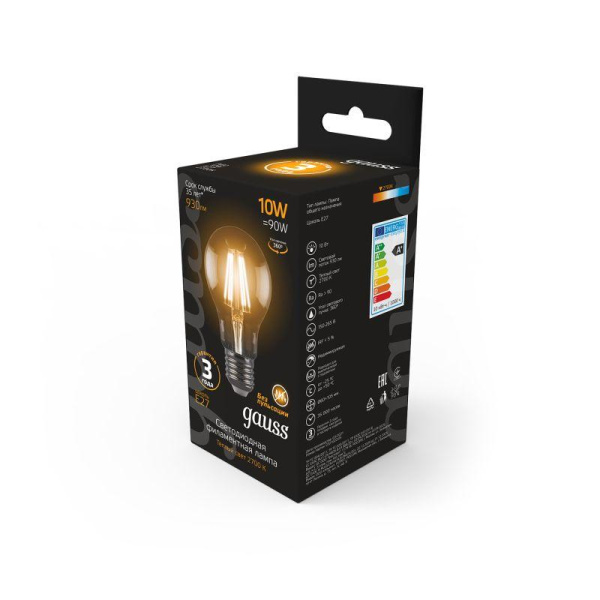 Лампа светодиодная филаментная Black Filament 10Вт A60 грушевидная 2700К тепл. бел. E27 930лм GAUSS 102802110