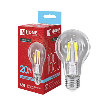 Лампа светодиодная филаментная LED-A60-deco грушевидная прозрачная 20Вт 230В E27 6500К 1890лм IN HOME 4690612055930