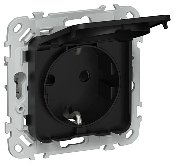 Розетка СП FLITE РСшкр11-1-44-ФлЧ 16А IP44 с заземл. с защ. шторками и крышкой безвинтовое крепление механизм черн. IEK FI-R16-16-1-44-K02