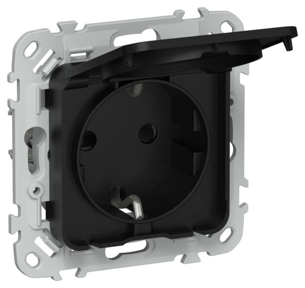 Розетка СП FLITE РСшкр11-1-44-ФлЧ 16А IP44 с заземл. с защ. шторками и крышкой безвинтовое крепление механизм черн. IEK FI-R16-16-1-44-K02