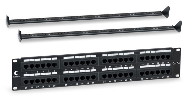 Патч-панель 19дюйм 2U 48 портов RJ45 кат.5E Dual IDC PL-48-Cat.5e-Dual IDC с задн. кабельным организатором Cabeus 7001c