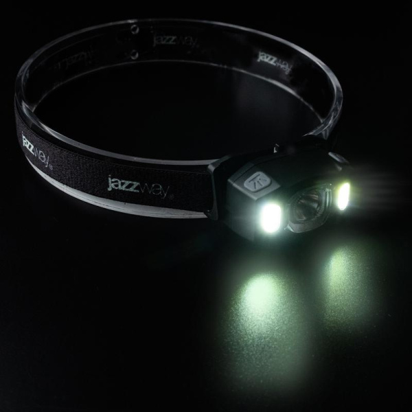 Фонарь аккумуляторный налобный AccuH3-L5W-bk LED 5Вт + 2хRED SMD IP54 5 режимов: 100проц. 180лм 3.5ч/50проц. 110лм 5.5ч/30проц. 65лм 15ч/красн. 28ч/мигающ. красн. 12ч аккум. управл. жестами черн. JazzWay 5036703