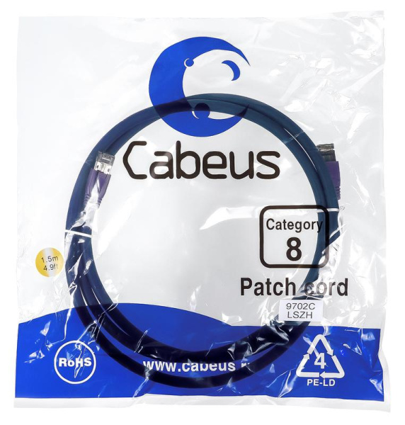 Патч-корд S/FTP кат.8 PC-SSTP-RJ45-Cat.8-1.5m-LSZH 2xRJ45/8p8c экранир. LSZH (40G 2000 MHz) 1.5м син. Cabeus 9702c