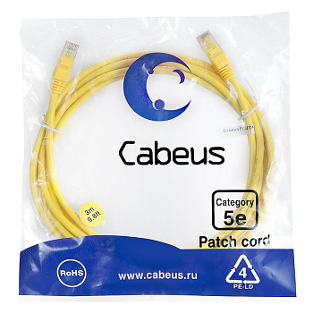 Патч-корд U/UTP кат.5E PC-UTP-RJ45-Cat.5e-3m-YL-LSZH 2хRJ45/8p8c неэкранир. LSZH 3м желт. Cabeus 9500c
