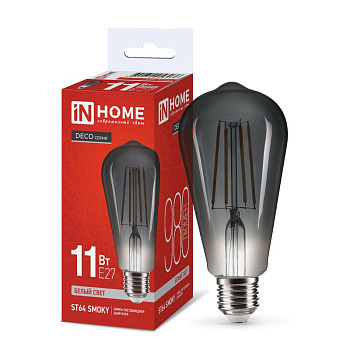 Лампа светодиодная филаментная LED-ST64-deco smoky цилиндр дымчатая 11Вт 230В E27 4000К 980лм IN HOME 4690612056036
