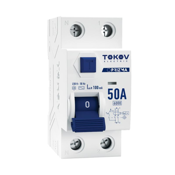 Выключатель дифференциального тока (УЗО) 2п (1P+N) 50А 100мА тип AC 6кА PRIZMA TOKOV ELECTRIC TKE-PZ60-RCDM-2-50-100-AC