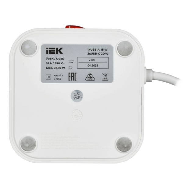 Удлинитель 8х1.5м 16А IP20 У08K 20Вт USB A+C 3х1 бел. DOMINIC IEK DN-YP30-16-08-01-ZKU-K01