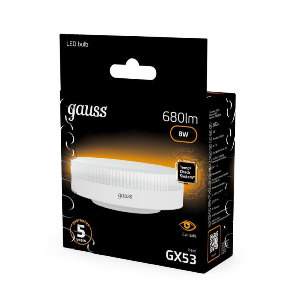 Лампа светодиодная Black 8Вт таблетка 3000К тепл. бел. GX53 680лм GAUSS 108008108