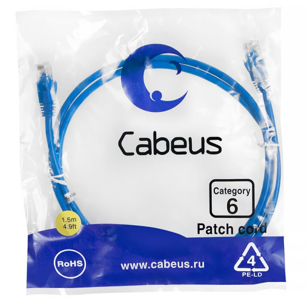 Патч-корд U/UTP кат.6 PC-UTP-RJ45-Cat.6-1.5m-BL 2xRJ45/8p8c неэкранир. PVC 1.5м син. Cabeus 8678c