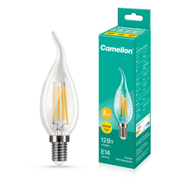 Лампа светодиодная филаментная LED12-CW35-FL/830/E14 12Вт свеча прозрачная 3000К тепл. бел. E14 220В Camelion 13710