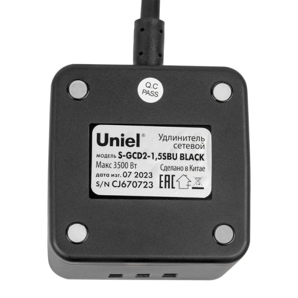 Удлинитель 2х1.5м с заземл. 16А Standard S-GCD2-1.5SBU BLACK 3 USB черн. Uniel UL-00011250