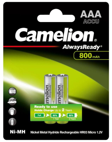 Аккумулятор AAA/HR03 1.2В 800мА.ч Ni-MH Always Ready NH-AAA800ARBP2 BL-2 металлик (блист.2шт) Camelion 7965