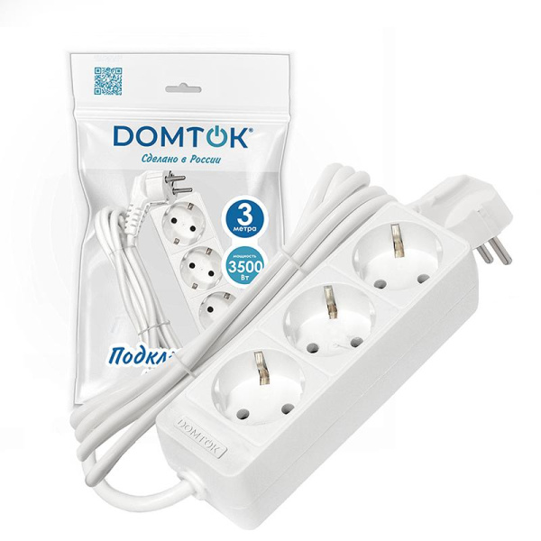 Удлинитель 3х3м с заземл. 16А IP20 3.5кВт ПВС 3х1 бел. DOMTOK 2391