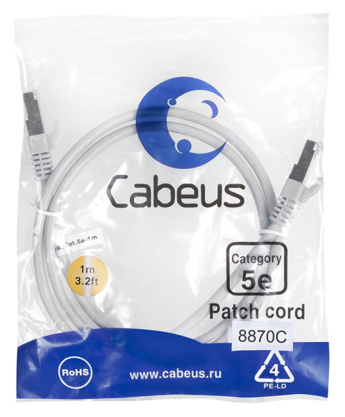 Патч-корд F/UTP кат.5E PC-FTP-RJ45-Cat.5e-1m-LSZH 2хRJ45/8p8c экранир. LSZH 1м сер. Cabeus 8870c