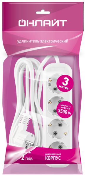 Удлинитель 4х3м с заземл. 16А IP20 90 799 OPE-S-04-300-E-3x1 бел. ОНЛАЙТ 90799