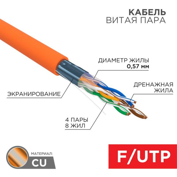 Кабель витая пара F/UTP кат.6 4х2х23AWG LSZH нг(А)-HF INDOOR SOLID медь оранж. (305м) (м) Rexant 01-0151
