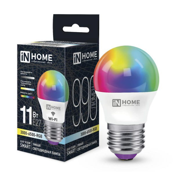 Лампа светодиодная LED-ШАР-RGBW-SMART 11Вт 3000-6500К E27 990лм 230В димм. IN HOME 4690612050058