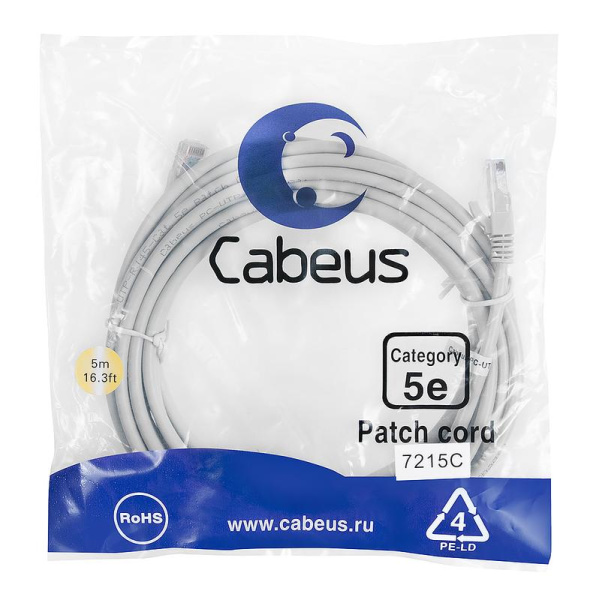 Патч-корд U/UTP PC-UTP-RJ45-Cat.5e-5m 2xRJ45/8p8c кат.5E неэкранир. PVC 5м сер. Cabeus 7215c