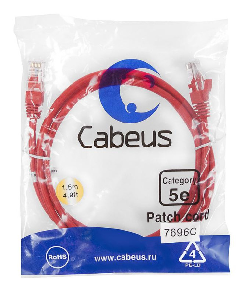Патч-корд U/UTP кат.5E PC-UTP-RJ45-Cat.5e-1.5m-RD-LSZH 2xRJ45/8p8c неэкранир. LSZH 1.5м красн. Cabeus 9514c