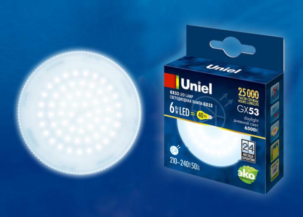 Лампа светодиодная LED-GX53-6W/6500K/GX53/FR PLZ01WH 6Вт матовая 6500К холод. бел. GX53 (упак. картон) Uniel UL-00005311