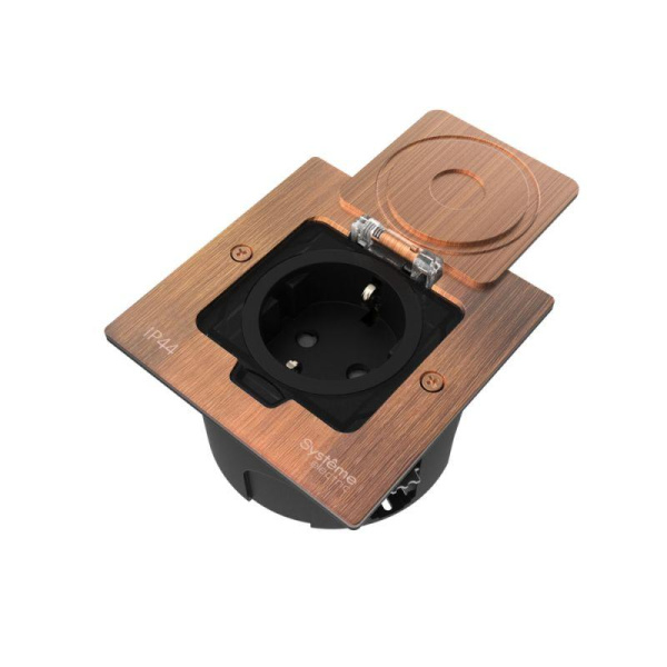 Лючок MultiDesk MDK21 с розеткой 2P+E 16А 250В IP44 с монтажной коробкой для стены фальшпола стола медь SE MDK21102CA