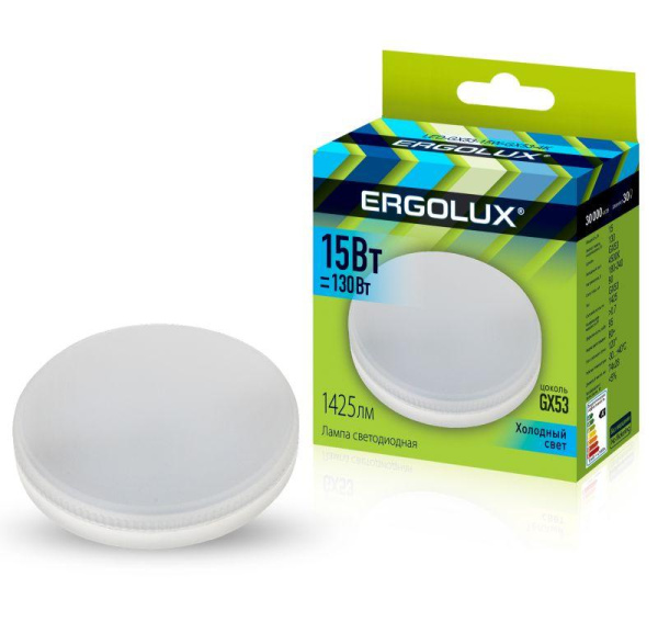 Лампа светодиодная LED-GX53-15W-GX53-4K 15Вт таблетка 4000К бел. GX53 220-240В Ergolux 14239