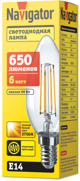 Лампа светодиодная 61 354 NLL-F-C35-6-230-2.7K-E14 6Вт свеча прозрачная 2700К тепл. бел. E14 650лм 220-240В Navigator 61354
