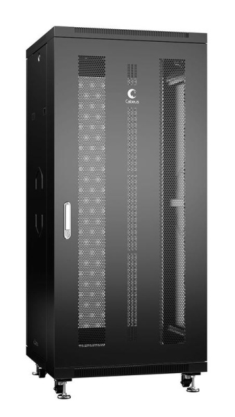 Шкаф монтажный телекоммуникационный напольн. ND-05C-27U60/100-BK 19дюйм 27U 600х1000х1388мм для распределит. и серверн. оборудования; передн. и задн. перфорир. двери ручка с замком RAL 9004 черн. Cabeus 8533c