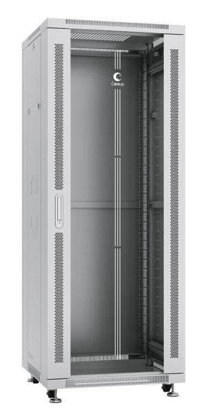 Шкаф монтажный телекоммуникационный напольный SH-05C-32U60/80 19дюйм для распред. и серверн. оборудования 32U 600х800х1610мм передн. стеклян. и задн. сплошн. метал. двери ручка с замком сер. (RAL 7035) Cabeus 7051c