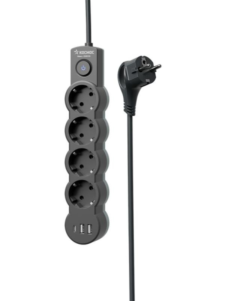 Удлинитель 4х3м с заземл. 10А IP20 USB type-Aх2 + type-C 2500Вт 220В ПВС 3х1 с выкл. черн. КОСМОС YKsm3m4g-Z-VU10А-B