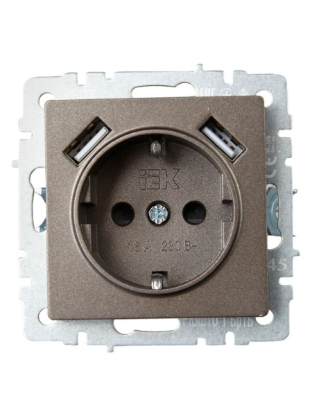 Розетка BRITE РЮш10-1-БрТБ 16А с USB A+A 2.1А с заземл. защ. шторки темн. механизм бронза IEK BR-R14-16-U21-D21-K45
