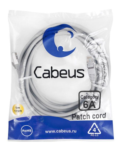 Патч-корд S/FTP кат.6A PC-SSTP-RJ45-Cat.6a-10m-LSZH 2хRJ45/8p8c экранир. LSZH (10G) 10м сер. Cabeus 7906c