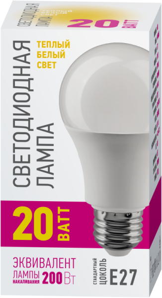 Лампа светодиодная 90 443 OLL-A60-20-230-2.7K-E27-PROMO 20Вт грушевидная 2700К E27 220-240В ОНЛАЙТ 90443