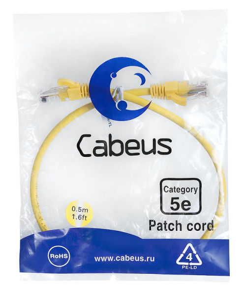 Патч-корд U/UTP кат.5E PC-UTP-RJ45-Cat.5e-0.5m-YL 2xRJ45/8p8c неэкранир. PVC 0.5м желт. Cabeus 7666c